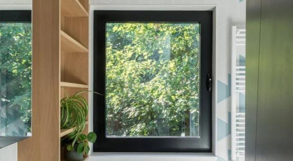 black window giving views to the outside garden, to the left is a mirror and a wooden shelf holding potted plants