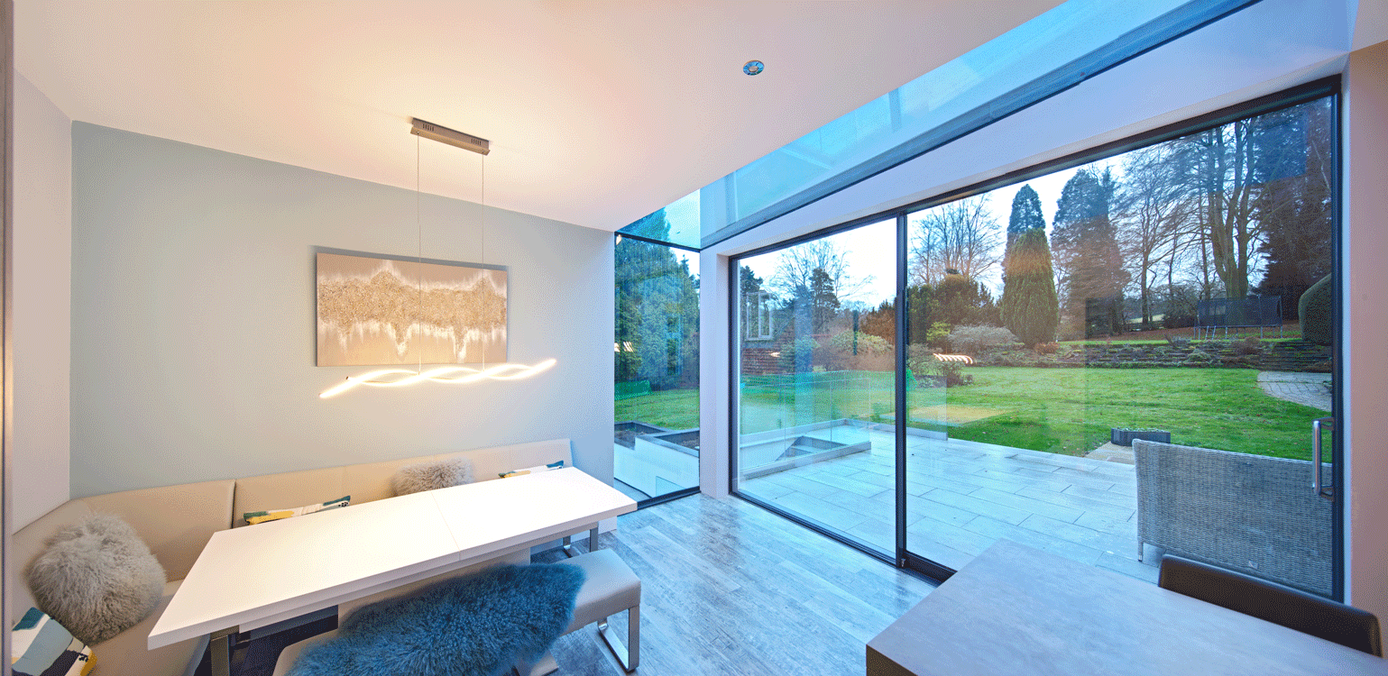 Flushglaves Eaves rooflight installed by a open wall of a modern house