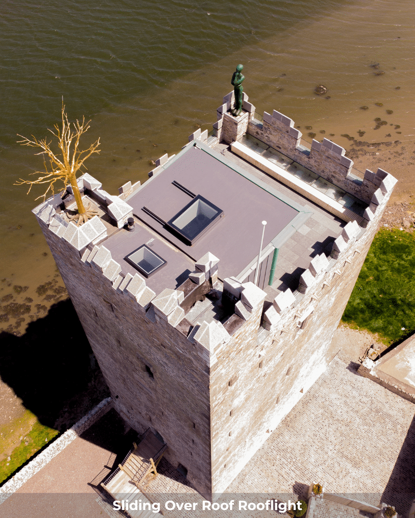sliding rooflight installed on castle roof by a sea