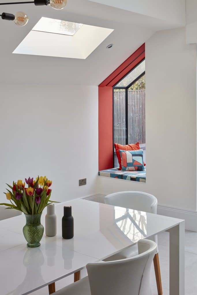 Visionvent ventilation rooflight with glass extension to elegant Edwardian property kitchen.